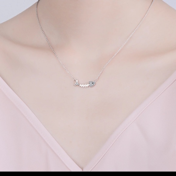 Sterling Silver 925 CZ Fish Bone Necklace - Picture 4 of 5